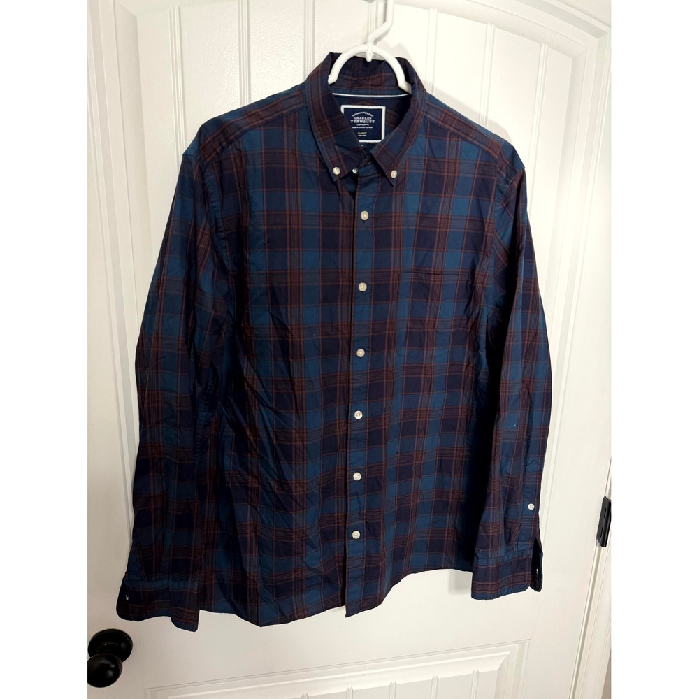 Charles Tyrwhitt Button Down Mens L Blue Plaid Slim Fit Non-Iron Cotton Shirt